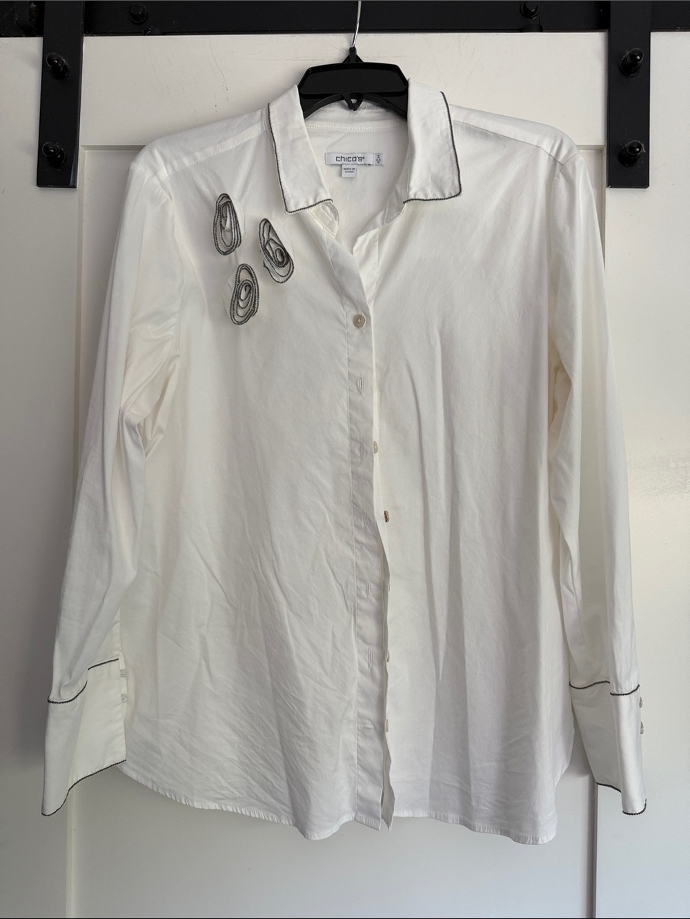 Chico's White Button-Down Shirt with gray beaded -Trim and floral Accents